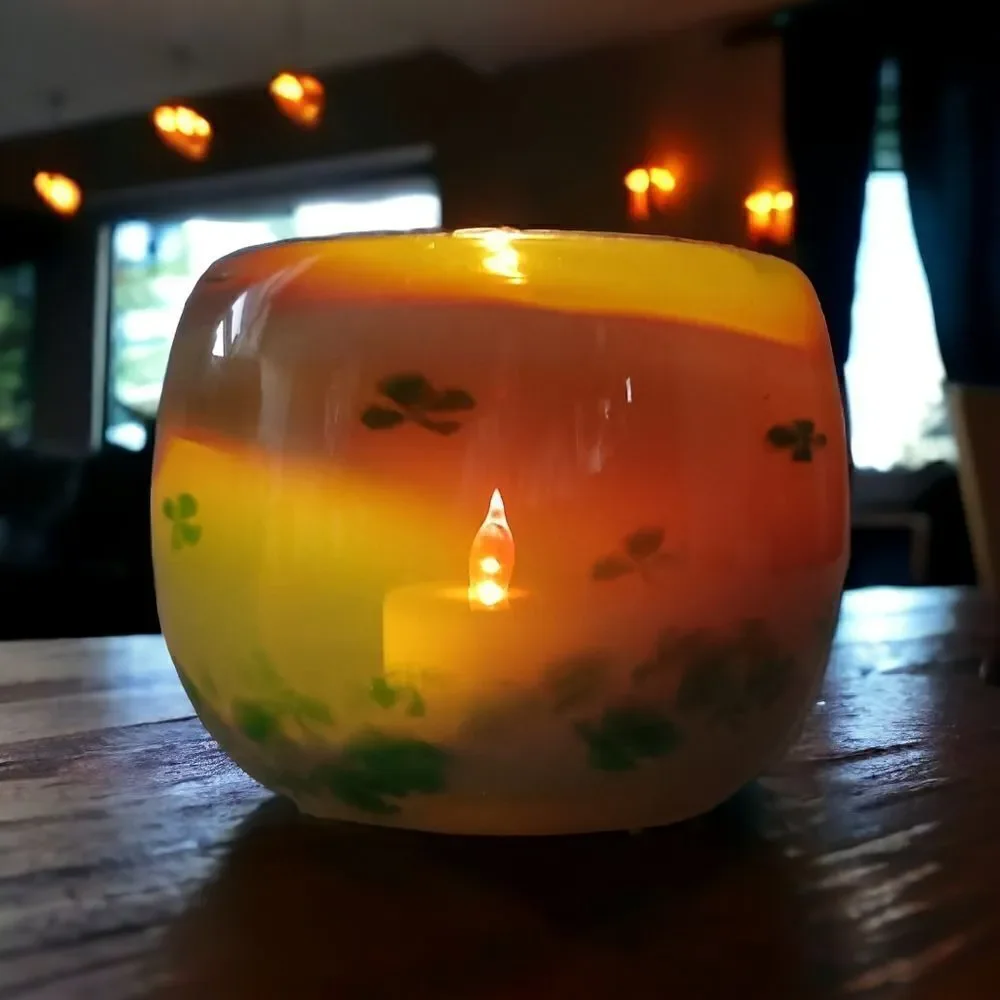 Hand Blown Studio Art Glass Votive Candle Holder Green Floral Tealight‎ Signed